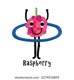 Cute cartoon raspberry character doing sport with hula hoop vector illustration