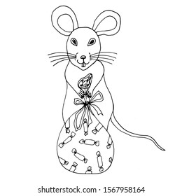 Cute cartoon rat holding a bag with christmas gifts. Isolated object on white background. Funny vector illustration for coloring book and for winter decor. Symbol of year 2020.