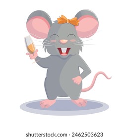 A cute cartoon rat raises a glass in celebration. Birthday party, celebration, congratulations. Vector illustration.