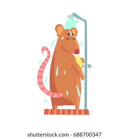 Cute cartoon rat rubbing himself a foam sponge bath while standing in shower cabin colorful character, animal grooming vector Illustration
