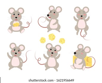 Cute cartoon rat vector set in different emotion isolated on white background - Vector illustration 