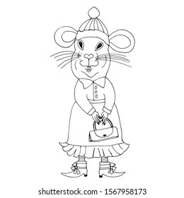 Cute cartoon rat wearing dress and winter hat holding a women bag. Isolated object on white background. Funny vector illustration for coloring book and for winter decor, symbol of year 2020.