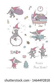 Cute cartoon rats. greeting card. Chinese Zodiac Sign Year of Rat. New Year 2020. Animal cartoon character set. Funny mouse and Christmas tree 