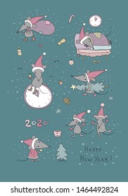 Cute cartoon rats. greeting card. Chinese Zodiac Sign Year of Rat. New Year 2020. Animal cartoon character set. Funny mouse and Christmas tree 