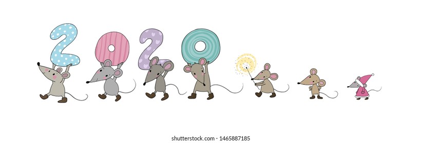 Cute cartoon rats. greeting card. Chinese Zodiac Sign Year of Rat. New Year 2020. Animal cartoon character set. Funny mouse and Christmas tree 