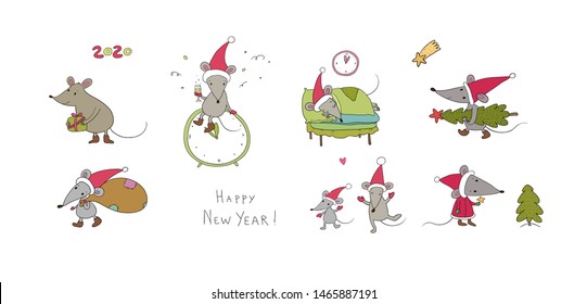Cute cartoon rats. greeting card. Chinese Zodiac Sign Year of Rat. New Year 2020. Animal cartoon character set. Funny mouse and Christmas tree 