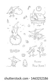 Cute cartoon rats. greeting card.Chinese Zodiac Sign Year of Rat. New Year 2020. Animal cartoon character set. Funny mouse and Christmas tree