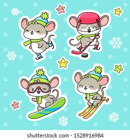 Cute cartoon rats. Sticker coollection. Kawaii vector set. Winter sports.  Symbol of 2020. Chinese New Year.