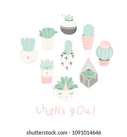 Cute cartoon ready-to-use gift postcards with succulents and cactuses. Vector printable template design of Thank you card, invitation, poster in pastel colors with pretty trendy cacti houseplants