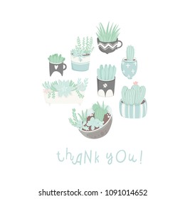 Cute cartoon ready-to-use gift postcards with succulents and cactuses. Vector printable template design of Thank you card, invitation, poster in pastel colors with pretty trendy cacti houseplants