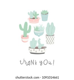 Cute cartoon ready-to-use gift postcards with succulents and cactuses. Vector printable template design of Thank you card, invitation, poster in pastel colors with pretty trendy cacti houseplants