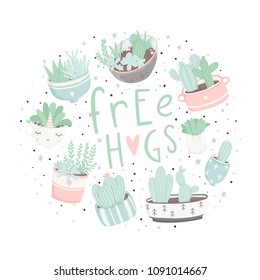 Cute cartoon ready-to-use gift postcards with succulents and cactuses. Vector printable template design of Thank you card, invitation, poster in pastel colors with pretty trendy cacti houseplants