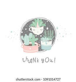 Cute cartoon ready-to-use gift postcards with succulents and cactuses. Vector printable template design of Thank you card, invitation, poster in pastel colors with pretty trendy cacti houseplants