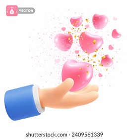 Cute cartoon realistic 3d hand holding or giving hearts. Isolated on white. Hearts fly out of the palm. Concept of love, Valentines Day celebration, health care, charity. Vector illustration