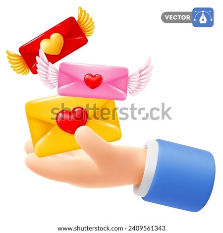 Cute cartoon realistic 3d hand holding and sending valentines. Isolated on white. Envelopes with wings fly out of the palm. Concept of love, Valentines Day celebration. Vector illustration