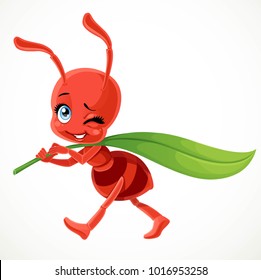 Cute cartoon red ant carries green blade of grass  isolated on a white background