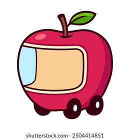 Cute cartoon red apple shaped car drawing. Funny children's toy vector clip art illustration.