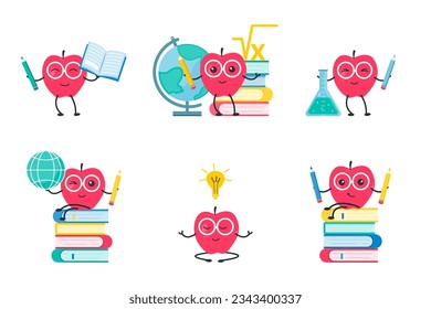 Cuto dibujo animado de estudiantes de manzanas rojas con gafas. Colegios de pegatinas divertidas. De vuelta a la escuela. Ilustración vectorial.
