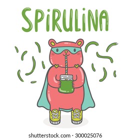 Cute cartoon red bear superhero holding mason jar with spirulina smoothie. Spirulina superfood vector illustration.