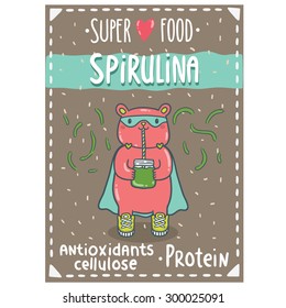 Cute cartoon red bear superhero holding mason jar with spirulina smoothie. Spirulina superfood vector illustration. Label, tag, sticker design for your package.