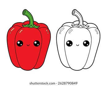 Cute cartoon red bell pepper illustration, one colored and one in black and white for coloring. Simple vegetable drawing with kawaii face. Healthy food.