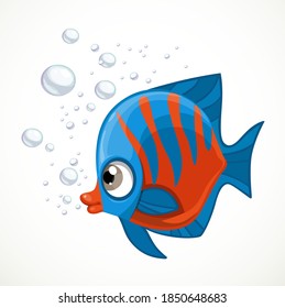 Cute cartoon red and blue fish with bubbles isolated on a white background