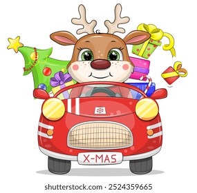 Cute cartoon red car with a deer, gifts and Christmas tree. New Year vector illustration on white background.