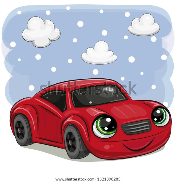 Cute\
Cartoon Red car with eyes on on a sky\
background