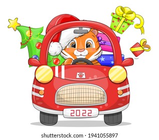 Cute cartoon red car with tiger, gifts and Christmas tree. New Year vector illustration isolated on white.