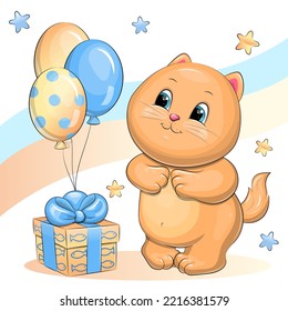 Cute cartoon red cat with a gift and balloons. Birthday vector illustration with a pet.