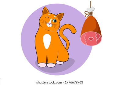 A cute cartoon red cat, kitty sits with narrowed eyes and happy face, muzzle next to the hanging ham. Food for cats and pets. Cat with long mustache, sharp ears and long tail. Vector for pets shop