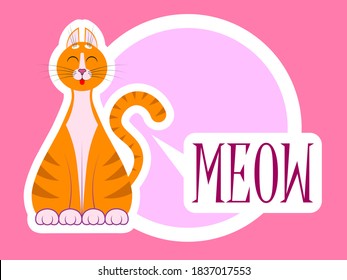 A cute cartoon red cat, kitty sit with closed eyes and happy face, muzzle. With inscription Meow. With white outline. For animal store, pets shop. Vector isolated High Quality