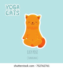 Cute cartoon red cat practicing yoga for beginners. Sticker with titles of yoga poses