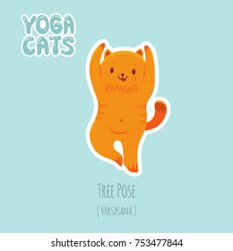 Cute cartoon red cat practicing yoga for beginners. Sticker with titles of yoga poses