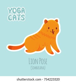 Cute cartoon red cat practicing yoga for beginners. Sticker with titles of yoga poses