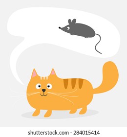 Cute cartoon red cat and talk think bubble with with mouse. Card. Kids background Flat design Vector illustration