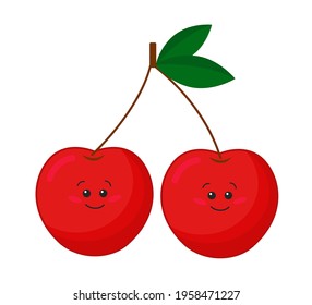 Cute cartoon red cherries. Vector illustration isolated on white background