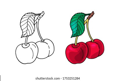 Cuta caricatura de cereza roja y hoja. Ilustración de contorno vectorial en blanco y negro con fruta para niños coloreando libro.Bayas de doodle izadas para pegatinas, afiches, diseño web. 