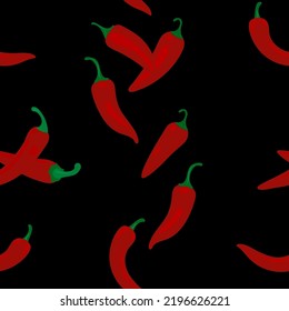 Cute cartoon red chilli isolated on black background. Seamless pattern design.
