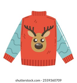 Cute cartoon red Christmas sweater with deer head in flat style.