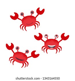 Cute cartoon red crab drawing. Funny smiling crab character vector illustration. Haha emoji. Smiley face. Set of crabs isolated on white background