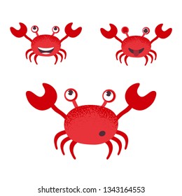 Cute cartoon red crab drawing. Funny smiling crab character vector illustration. Set of crabs isolated on white background