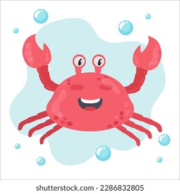 Cute cartoon red crab drawing. Funny smiling crab on a blue background with bubbles. Sea creature. Vector flat illustration.