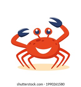 Cute cartoon red crab smiling character. Funny vector illustration for poster, logo, greeting card, banner, cute cartoon print