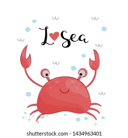 Cute cartoon red crab. Vector illustration for kids. Vector illustration in cute style with text.