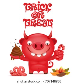 Cute cartoon red devil character. Trick or treat card. Vector illustration