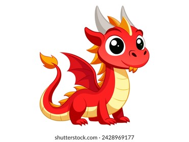 Cute cartoon red dragon. Fairy cute dragonfly. Baby fire dragon or dinosaur cute character isolated vector. Fairytale monster.