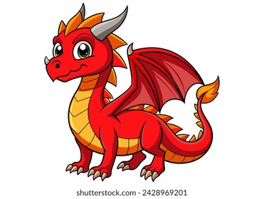 Lindo dragón rojo de dibujos animados. Hada, libélula linda. Bebé dragón de fuego o dinosaurio lindo personaje aislado vector. Monstruo de cuento.