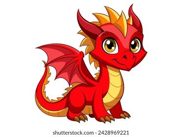 Cute cartoon red dragon. Fairy cute dragonfly. Baby fire dragon or dinosaur cute character isolated vector. Fairytale monster.