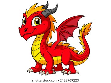 Lindo dragón rojo de dibujos animados. Hada, libélula linda. Bebé dragón de fuego o dinosaurio lindo personaje aislado vector. Monstruo de cuento.